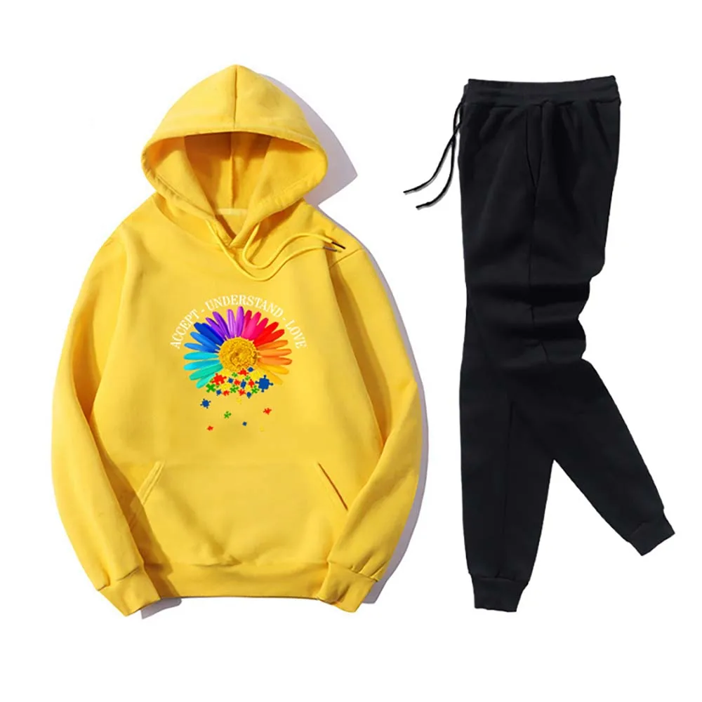 

VICABO Color Matching Women Tractsuits Sunflower Print Long Sleeve Hoodies+Black Sport Trousers Pockets Outdoor Sweatsuits Set