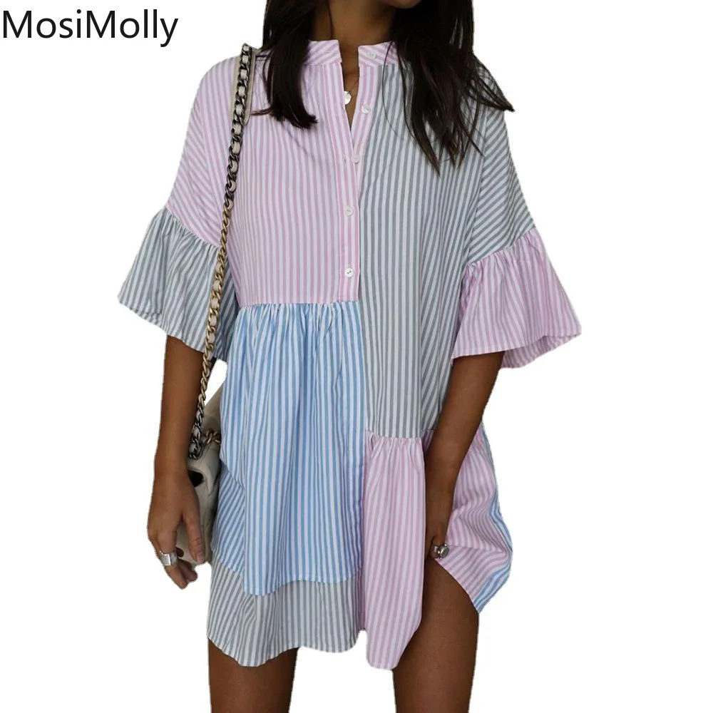 

MosiMolly Casual Dress Striped Dress Patchwork Mini Dress Color Contrast Dress 2022 Dress