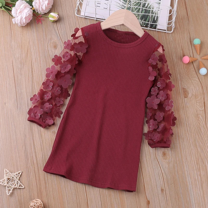

2022 New Spring Long Sleeve Mesh Sleeve Dress 3D Flower Decoration Kid Clothes Girl Children Dress For 2-6 Years