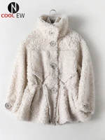 ptslan 2021 new fashion womens genuine wool peter pan collar coat real shearing winter warm button short outerwear p5872