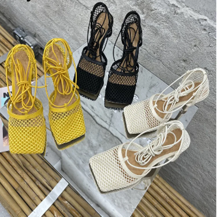 

2021 New Sexy Yellow Mesh Pumps Sandals Female Square Toe high heel Lace Up Cross-tied Stiletto hollow Dress shoes