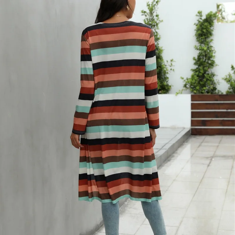 

Casual Ladies Jacket Autumn New Women Striped Long Jacket Long Sleeve V Neck Pocket Cardigan Fashion Loose Jacket