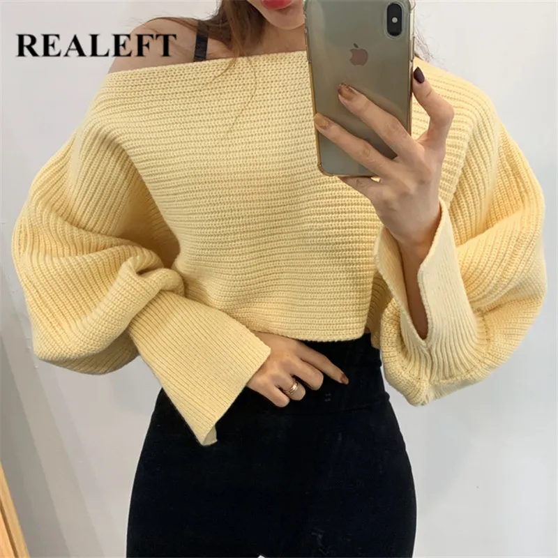 

REALEFT 2021 New Autumn Winter Slash Neck Women's Sweater Oversize Long Sleeve Elegant Loose Pullover Pink Sexy Chic Tops Female