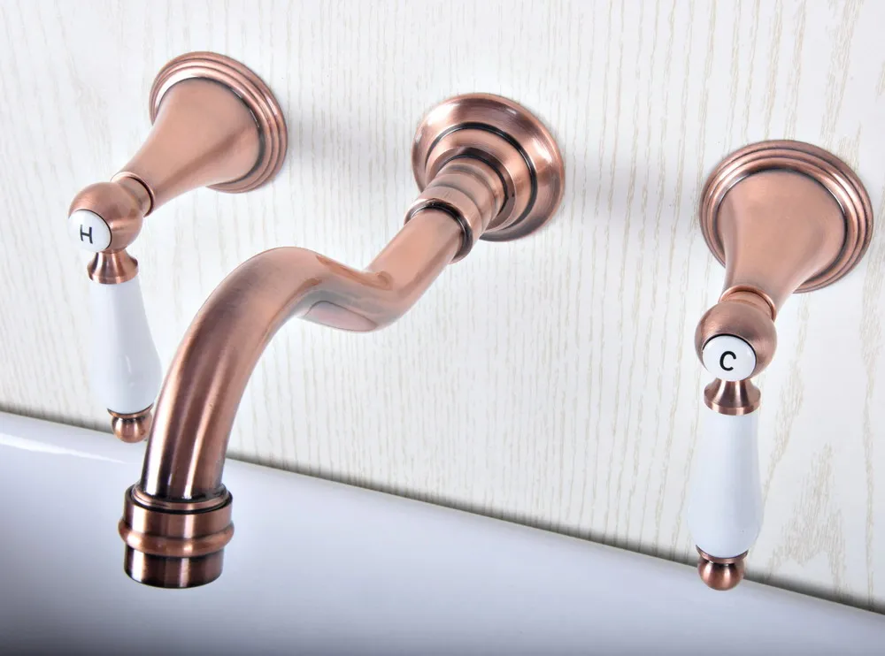 

Antique Red Copper Brass Wall Mounted Dual Handles Widespread Bathroom 3 Holes Basin Tub Faucet Mixer Water Taps msf507