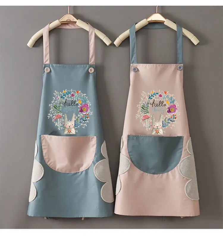 

Apron PVC Hand-wiping Design with Large Pocket Garland Rabbit Pattern Adjustable Hanging Neck Cafe Work Clothes Apron