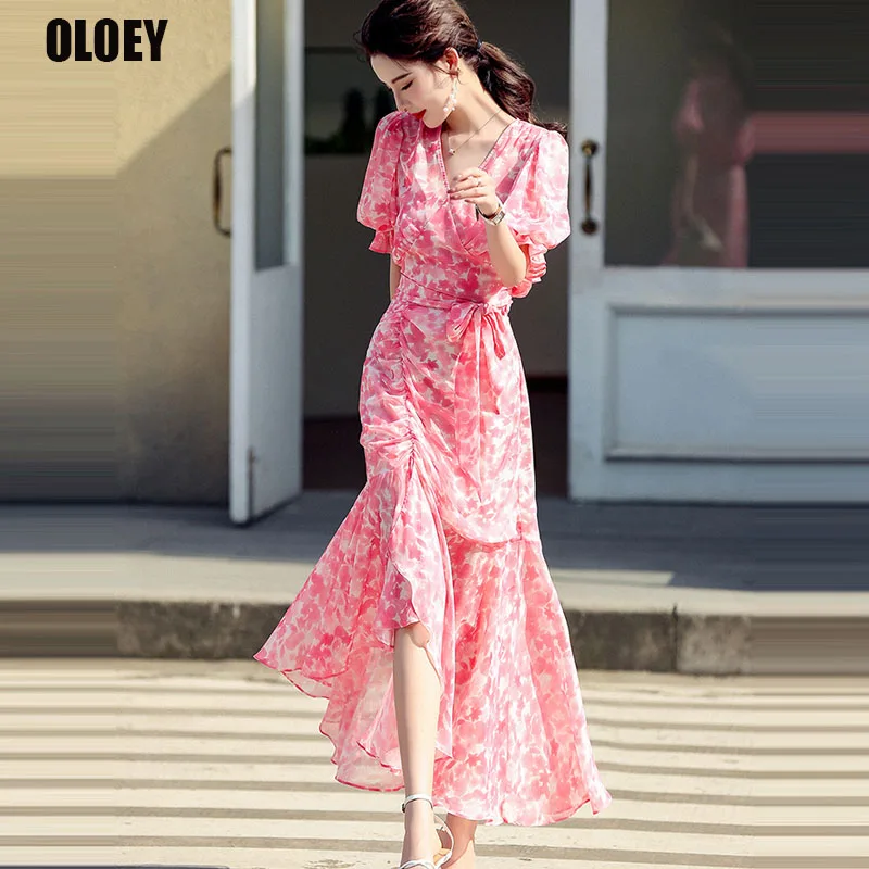 

Korean 2021 Summer Vintage Floral Split Dress Women Sweet Irregular V Neck Holiday Beach Dresses French Elegant Party Long Dress