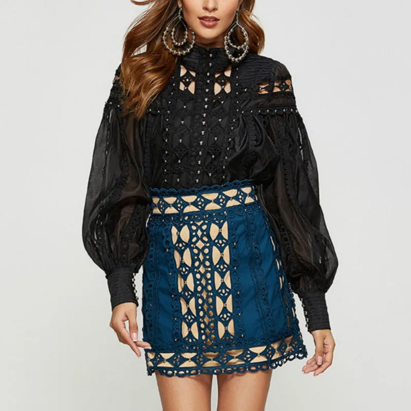 only black blouse Высокая уличная Женская Сексуальная кружевная полая блузка роскошные заклепки дизайнер стенд воротник фонари рукава рубашки женские вечерние топы - Цвет: only black blouse