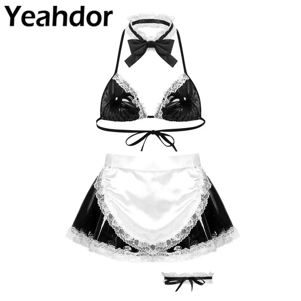 

Womens Sexy Lingerie Cute Anime Maid Cosplay Costume Role Play Set Halter Neck Bra Top High Waist Skirt G-string Briefs + Apron