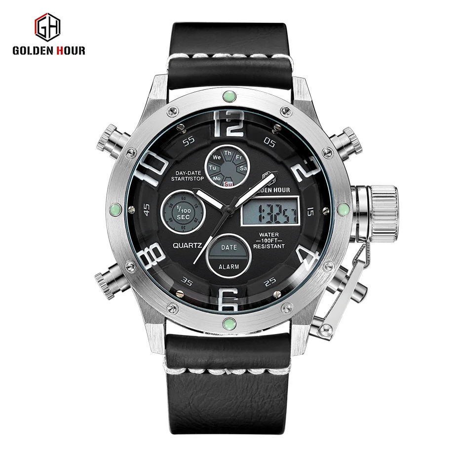 

GOLDENHOUR Men's Fashion Sport Watches Men Quartz Analog LED Clock Man Leather Military Watch Male Clock Relogio Masculino