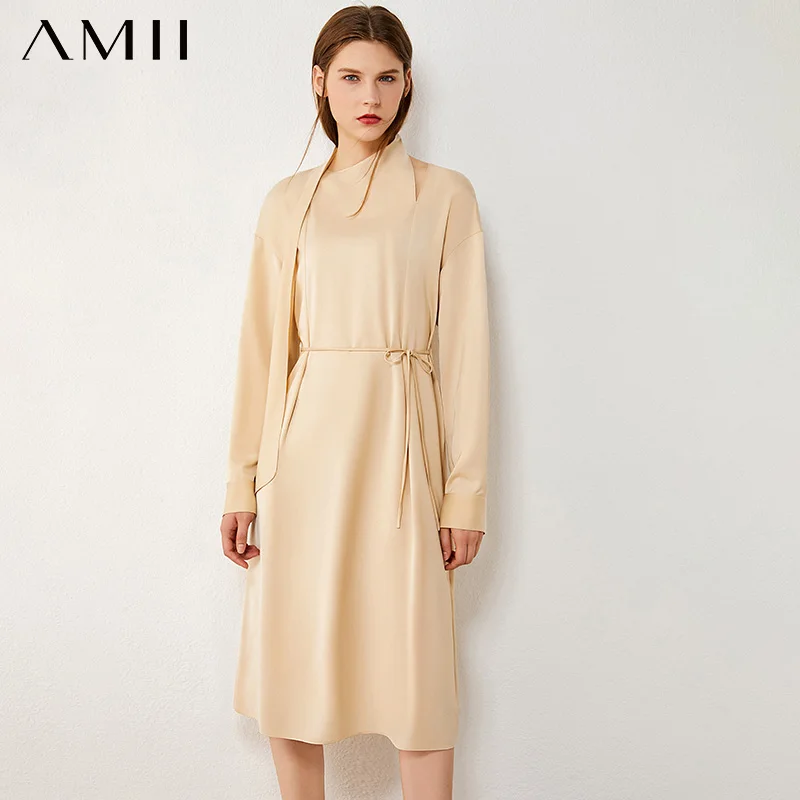 

AMII Minimalism Autumn Women's Dress Fashion Solid Ripped Belt Satin Dress Temperament Dresses For Women 12070377