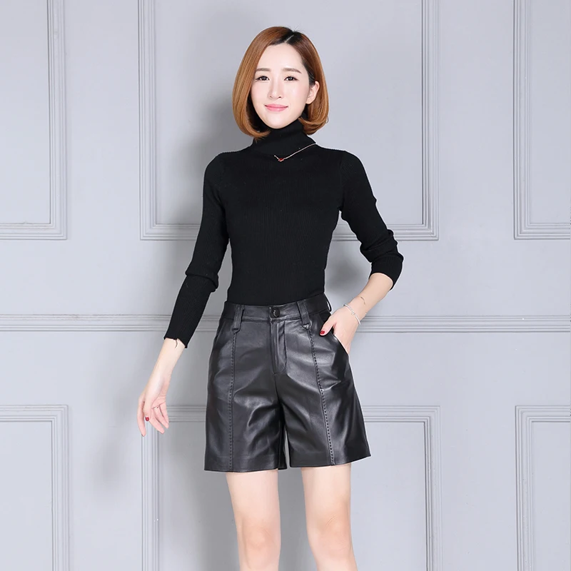 Genuine Leather Fashion Womens Shorts Streetwear High Waist Casual Stretchy Trousers Punk Comfort High Quality Pantalon Female