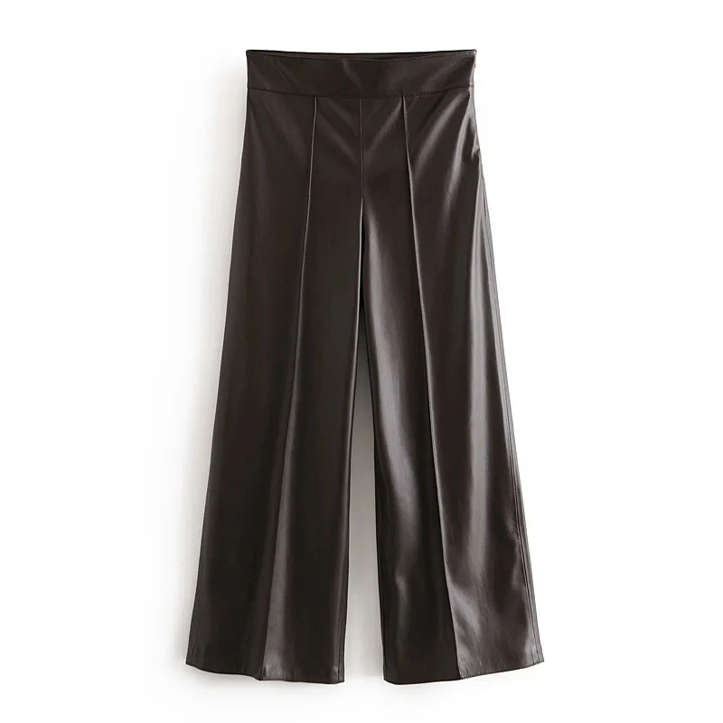 

XNWMNZ za Women 2020 Fashion Faux Leather Visible Seam Detail Pants Vintage High Waist Side Zipper Female Ankle Trousers Mujer