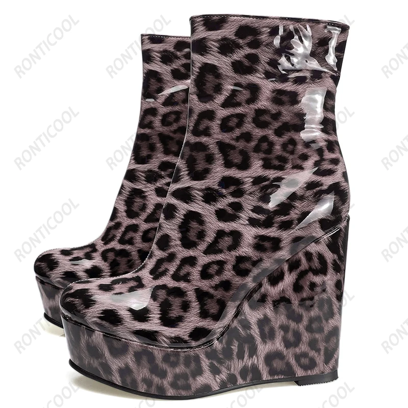 Ronticool/женские зимние ботильоны на лакированной танкетке высокие каблуки с