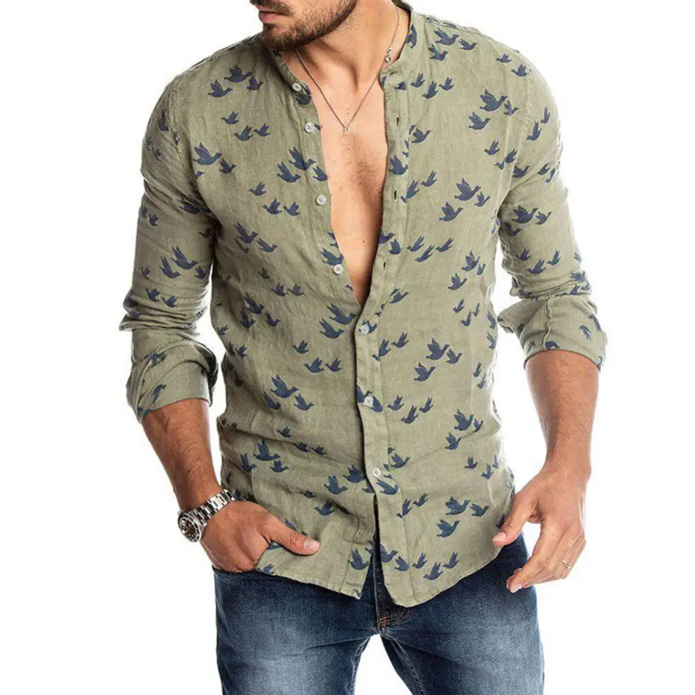 

70% Dropshipping!!Spring Autumn Casual Men Pigeon Print Buttons Long Sleeve Shirt Linen Slim Top