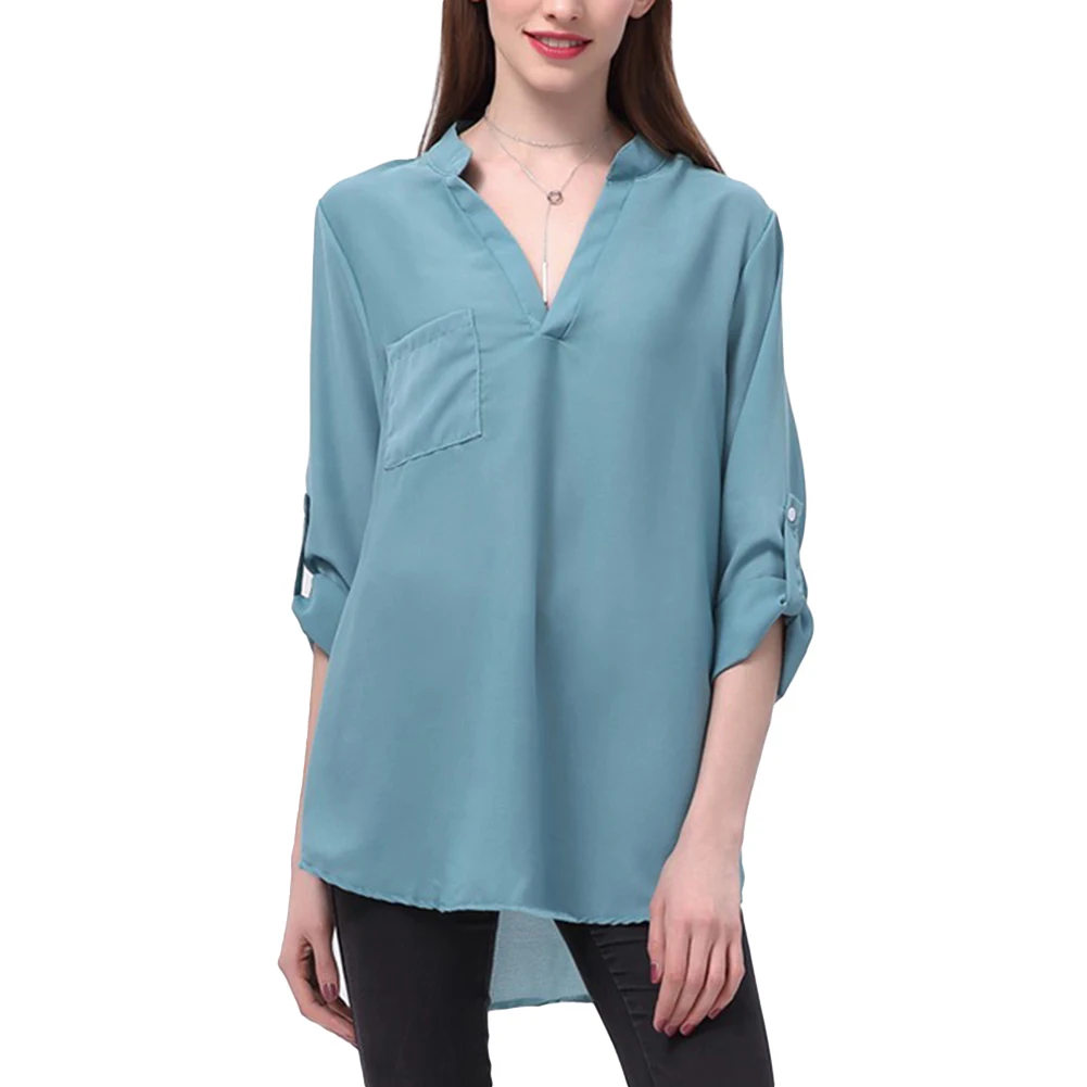 

Fashion Women Solid Color Deep V Neck 3/4 Sleeve Irregular Hem Chiffon Deep V Neck Design Sexy Style Irregular Hem