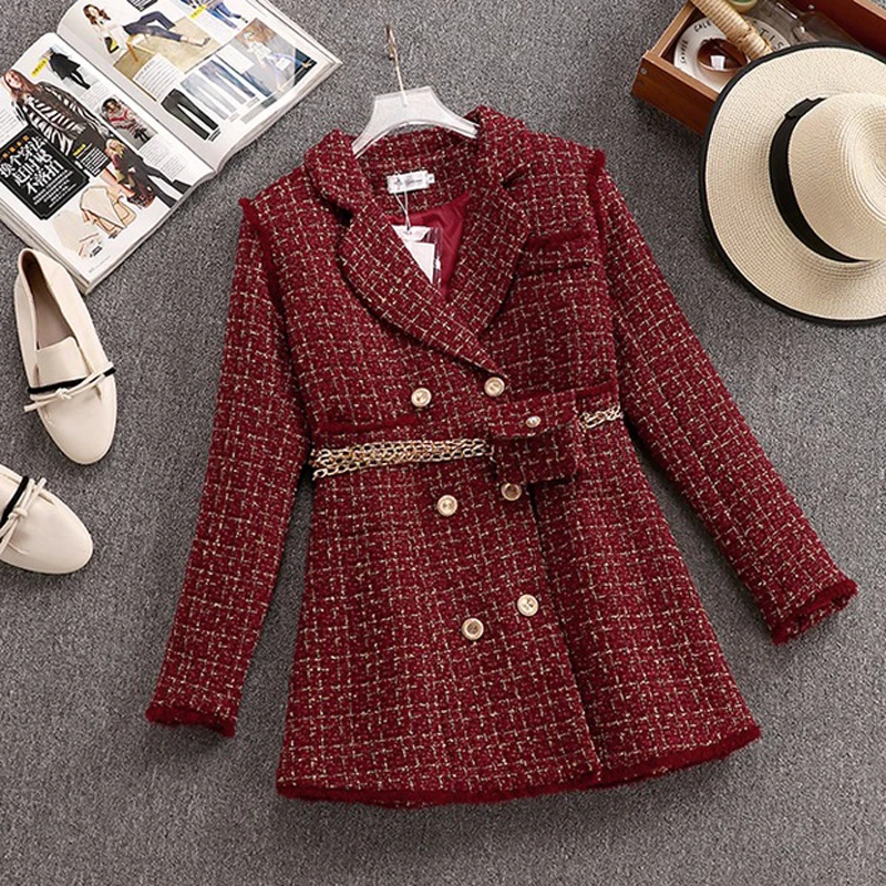 Женский твидовый двубортный жакет в красную клетку толстый длинный шерстяной