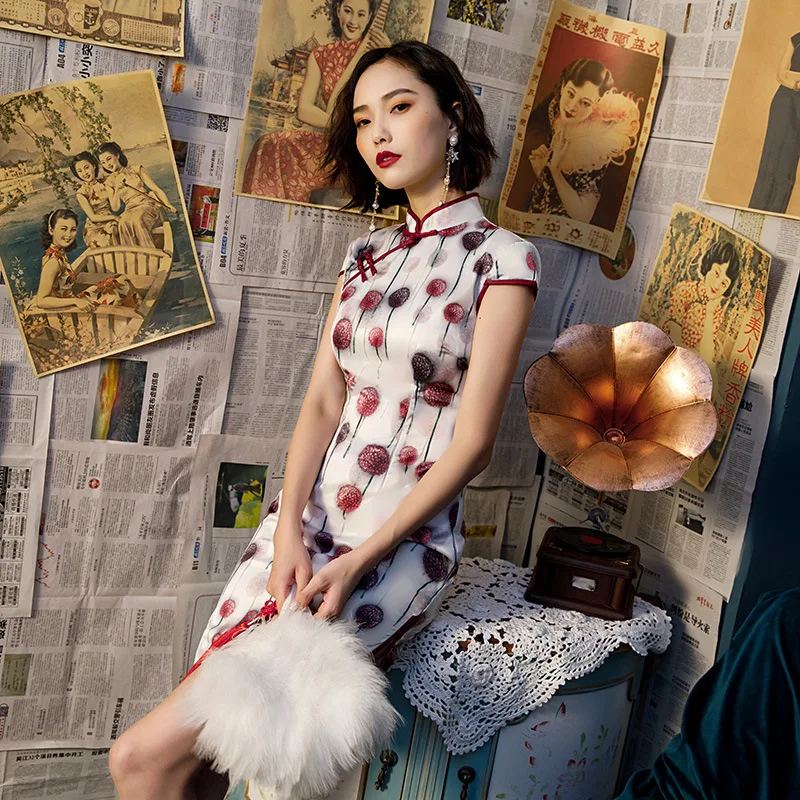 SHENG кокосовое платье Ципао с цветами бабочкой одуванчиком красные повседневные