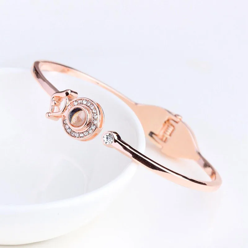 Модные Розовые золотые Проекционные браслеты для женщин браслет из титановой стали 100 язык I Love You циркон браслет с буквами женский