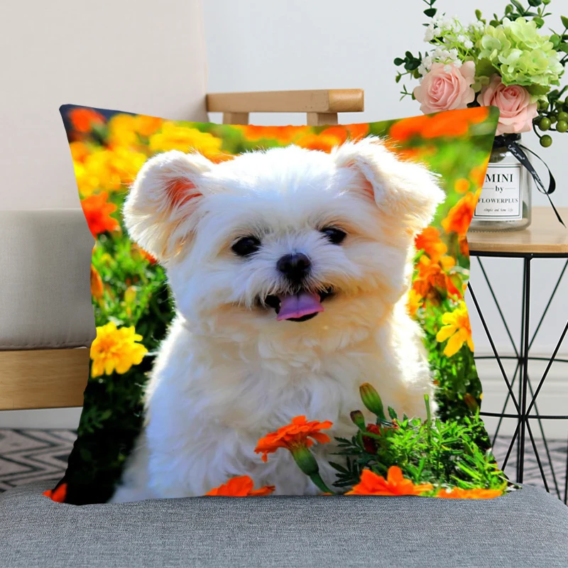 

New Cute Dog Flowers Pillow Cover Bedroom Home Office Decorative Pillowcase Square Zipper Pillow case Satin Soft Cover
