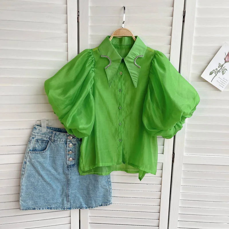 

Amolapha Women Turn-down Collar Diamond Lantern Sleeve Single Breasted Chic Short Style Shirts Tops