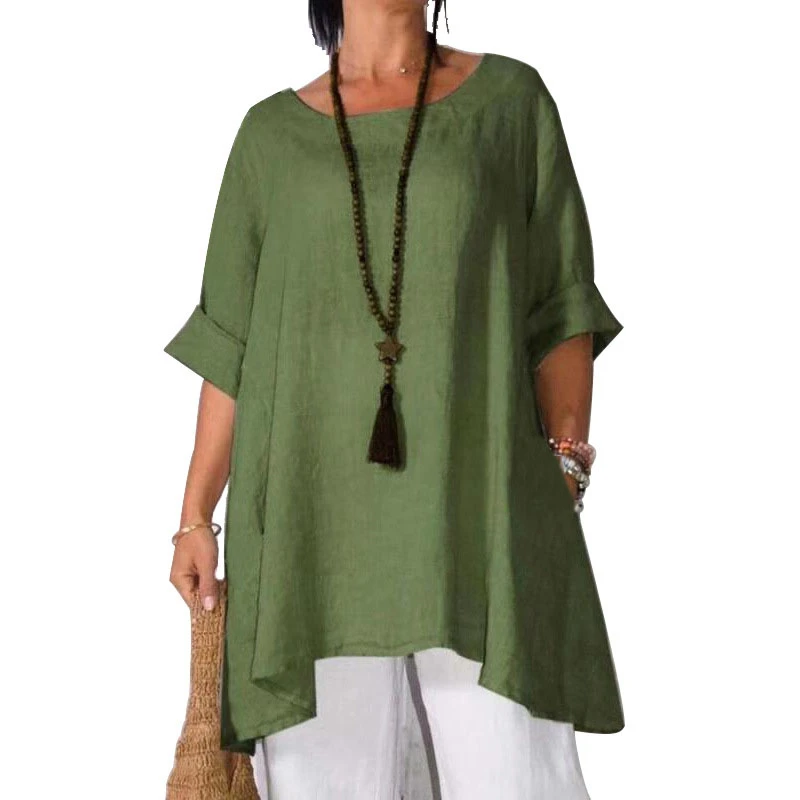 Женская летняя одежда большого размера однотонный топ из хлопка и льна с