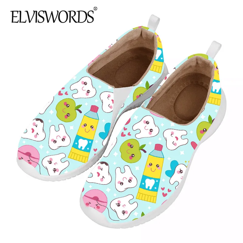 

ELVISWORDS Kawaii Teeth Dental Design Women's Slip On Flat Shoes 2020 New Cartoon Nursing Sneaker Teen Girls Stylish Footwear