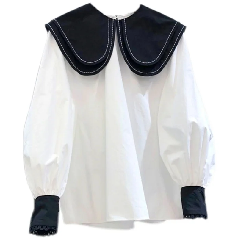 

Spring Peter Pan Collar Contrast Color Women Blouse Shirts Korean Fashion Lantern Sleeve Blusas Mujer 2021 New Womens Tops