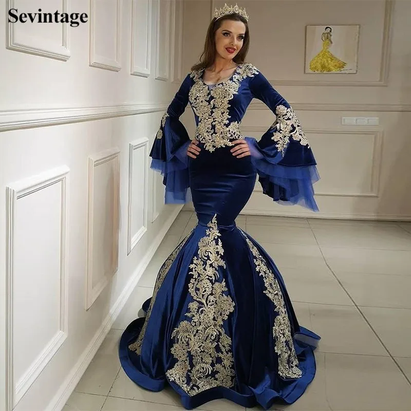 Sevintage Mermaid Velvet Prom Dresses Moroccan Kaftan Gold Lace Long Flare Sleeve Evening Gowns Custom Made Saudi Arabic Dress