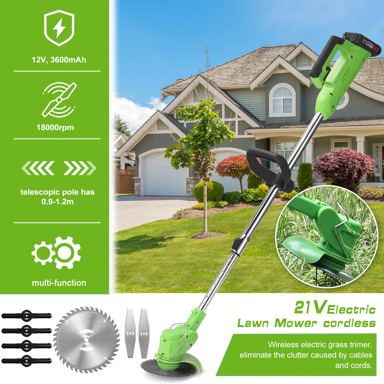 

21V Electric Lawn Mower Rechargeable Li-ion Battery Cordless Grass Trimmer Auto Release Household Garden Trimming Machine