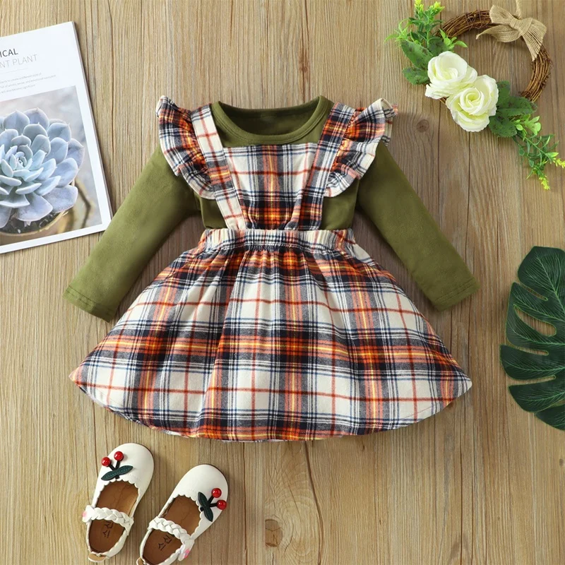 

New Baby Girl Clothes Set Spring Fall 2 Pcs Sets Long Sleeve Tops+ruffles Plaid Suspender Dress Baby Clothes Girls Clothes 0-18M