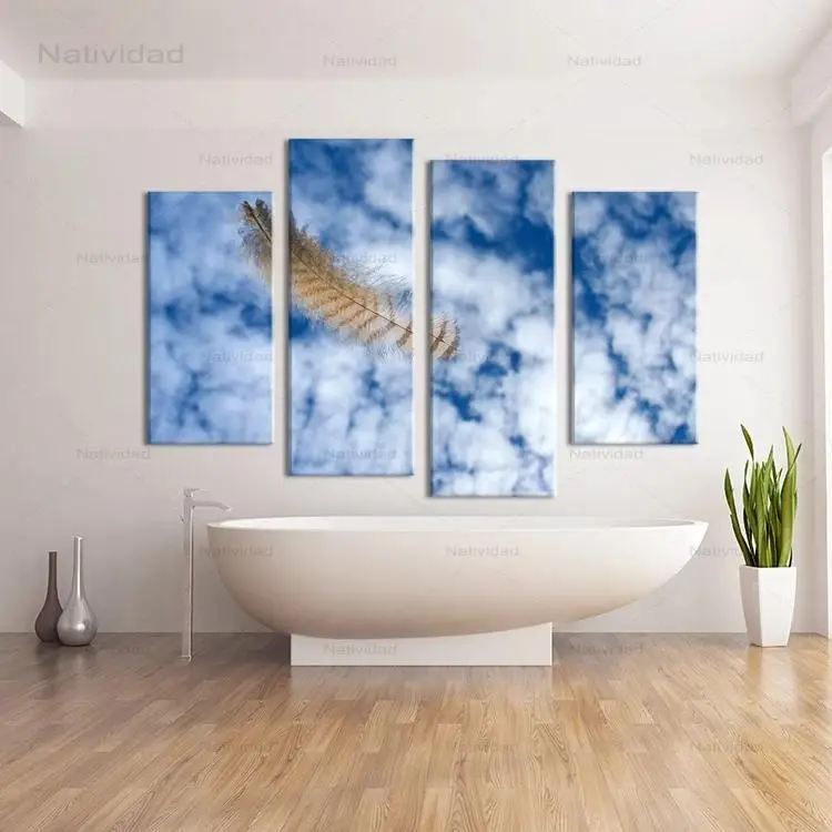 

4 Pieces Falling Blue Feather Hd Print Beautiful Sky Canvas Painting Posters and Prints Wall Pictures for Living Room Decor