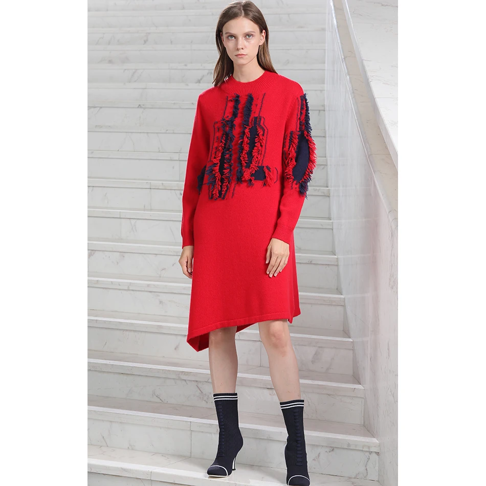 RONGFANGZI Inner Mongolian Cashmere Dress Women Pullover Ribbed Crewneck Cuffs Winter Thick 3 Gauge Knit in SlavaStore