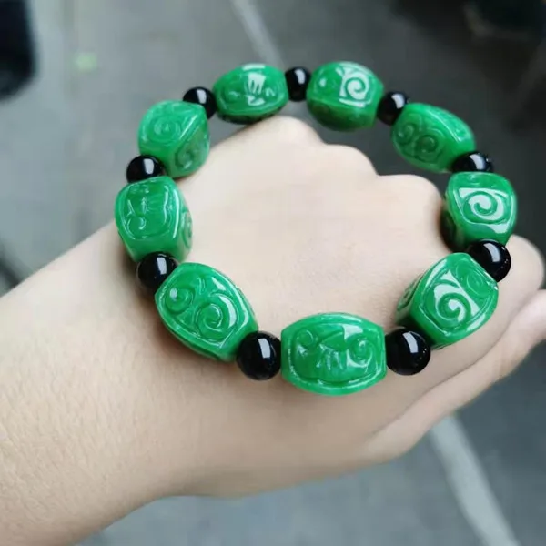 

Natural Myanmar green jade bracelets handcarved flower beads bracelet jadeite women men prayer emerald Jade bangles