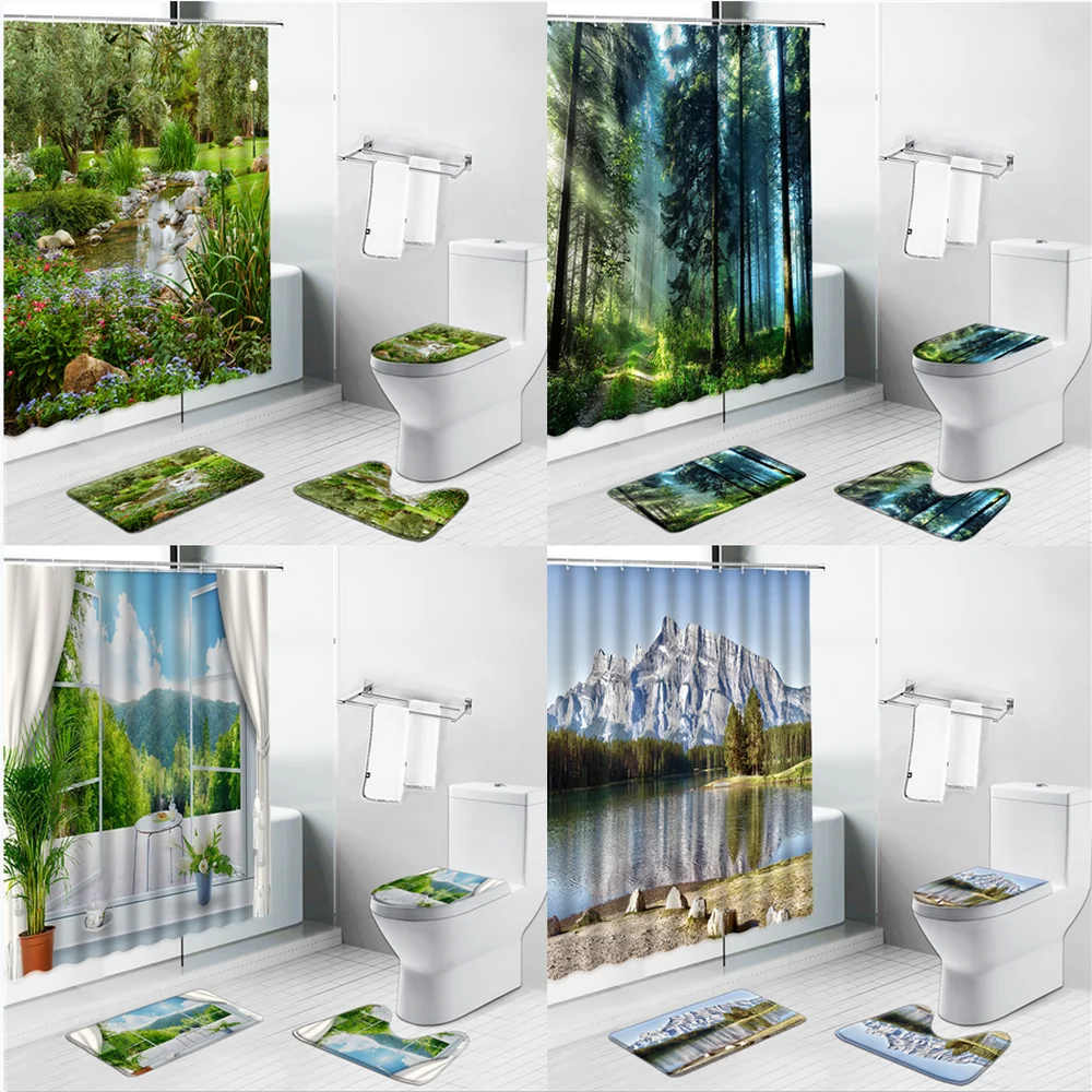 

Nature Scenery Shower Curtain Tropical Forest Plants Trees Bathroom Curtains Set Bath Mats Rugs Toilet Lid Cover Non-Slip Carpet