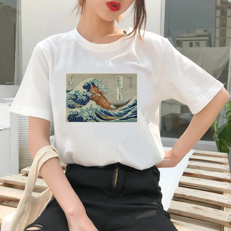

2021 Summer Women T-shirt Cat Oil Painting Printed Tshirts Casual Tops Tee Vintage Vogue Girl Ullzang Mujer_T-Shirt