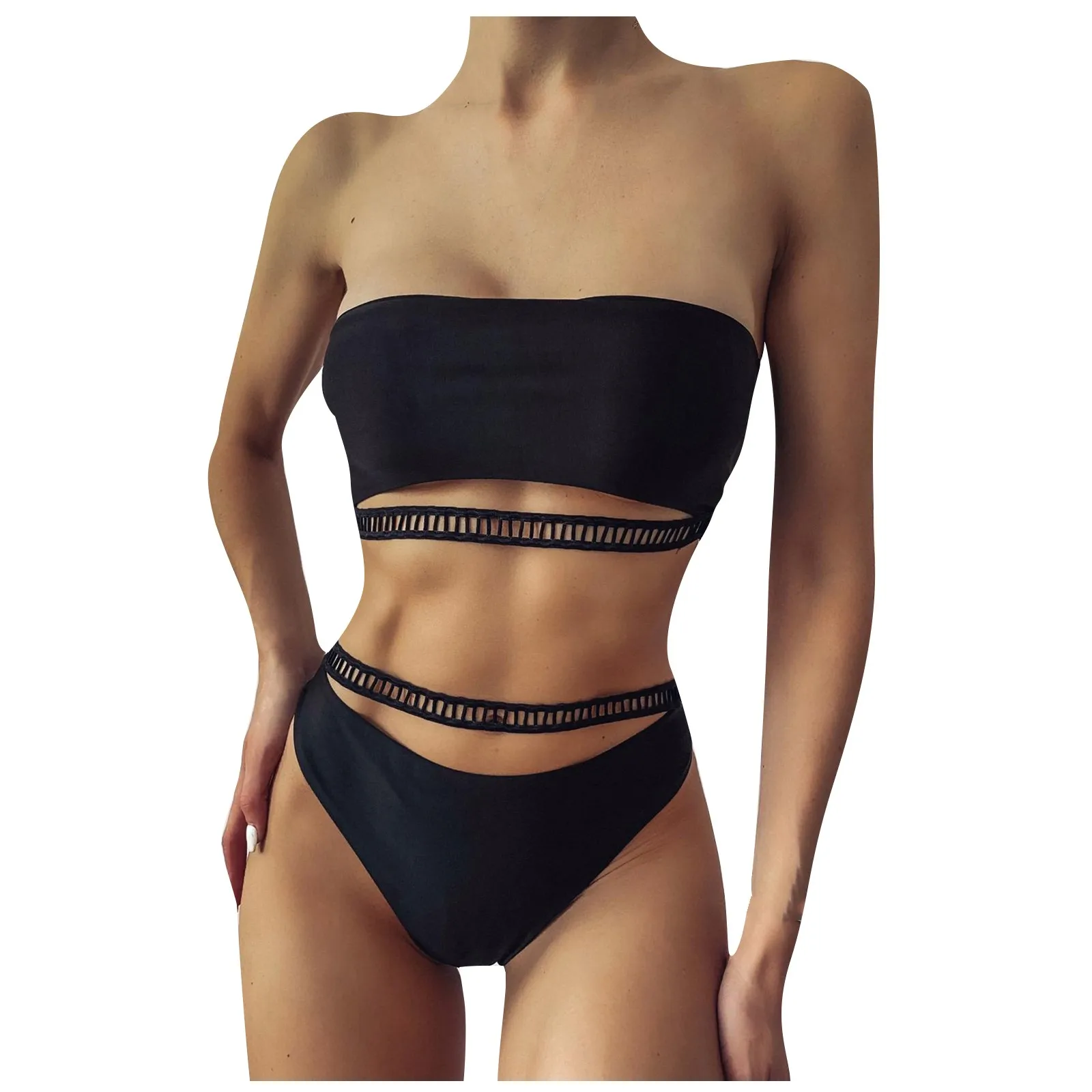 

Black Bikini 2021 High Waist Women Swimsuit Bikini Set Push Up Bandeau Women Off Shoulder Beach Swimming Suit Brazilian Swimwear