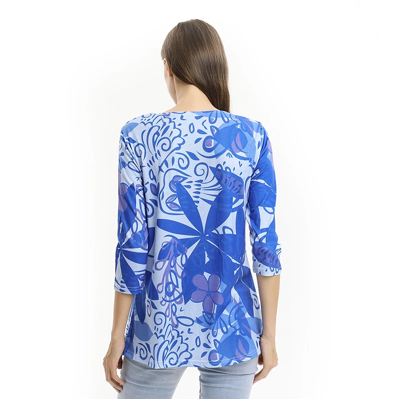 

Fashion Women Casual T Shirt Three Quarter Sleeve Flower Print V-Neck Tops Autumn New T-Shirts Women