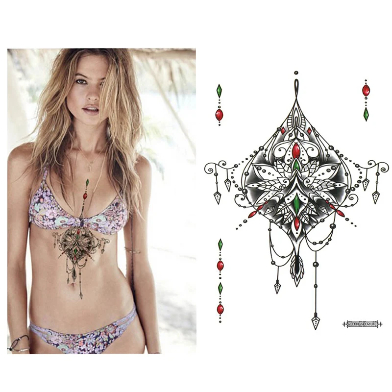 1 шт под Boob Sternum временная татуировка с Unalone, духовные символы, lutus шаблон боди арт Сексуальная Талия татуировка для девочки