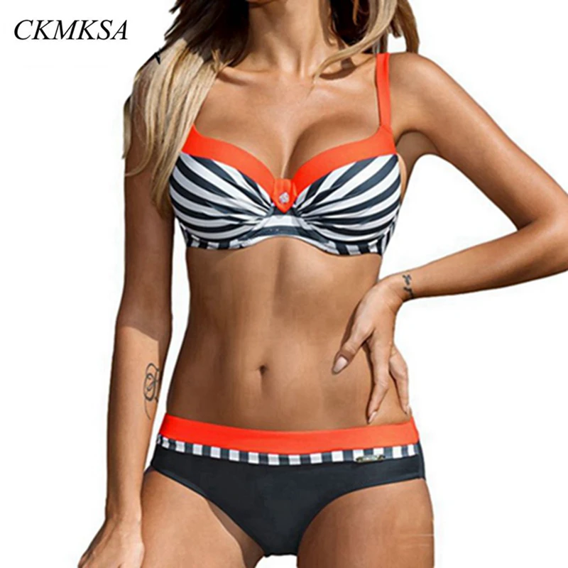 Купальник в полоску бикини 2019 размера плюс купальник женский ретро из двух