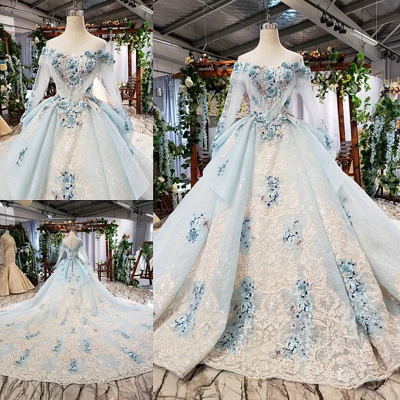 

2020 new boat neck long sleeve light blue lace A line long train elegant wedding dress gown women vestido robe de mariee noiva