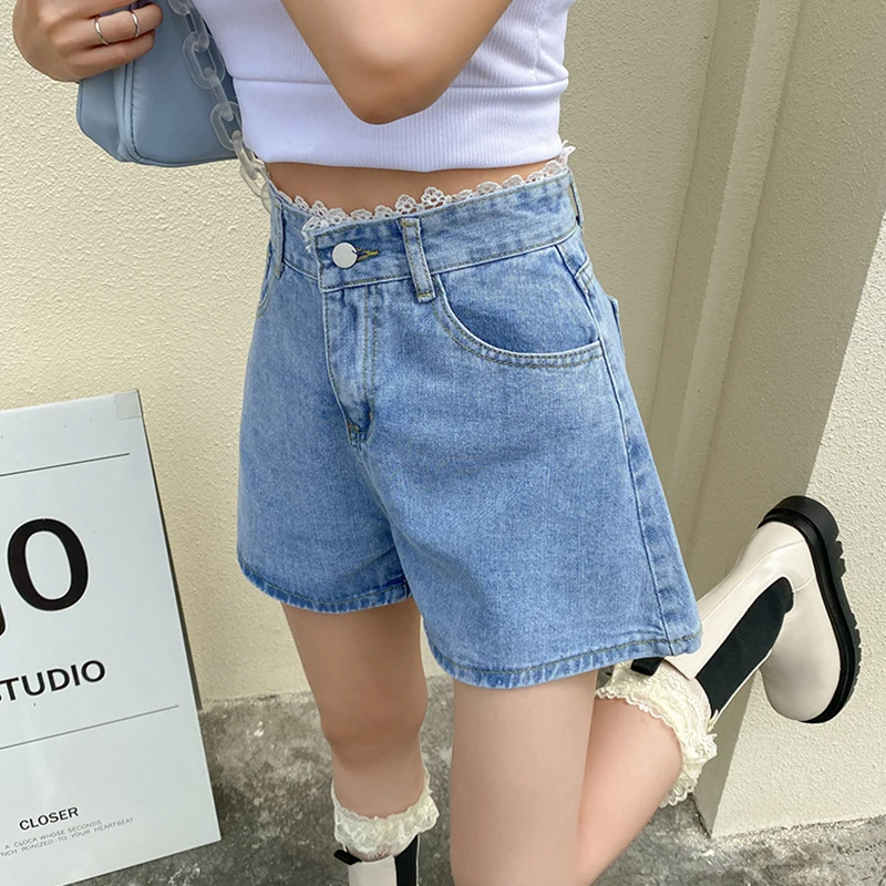 

Fitaylor New Summer Women Streetwear Patckwork Lace Retro Blue Denim Shorts High Waist Loose Female Button Wide Leg Jeans Shorts