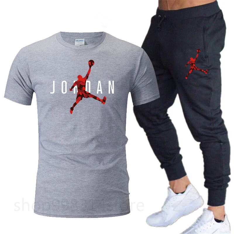 

2021 Brand Men's T-shirt set Sweatshirt pants summer men's cotton T-shirt + trousers casual suit sportswear men's clothing