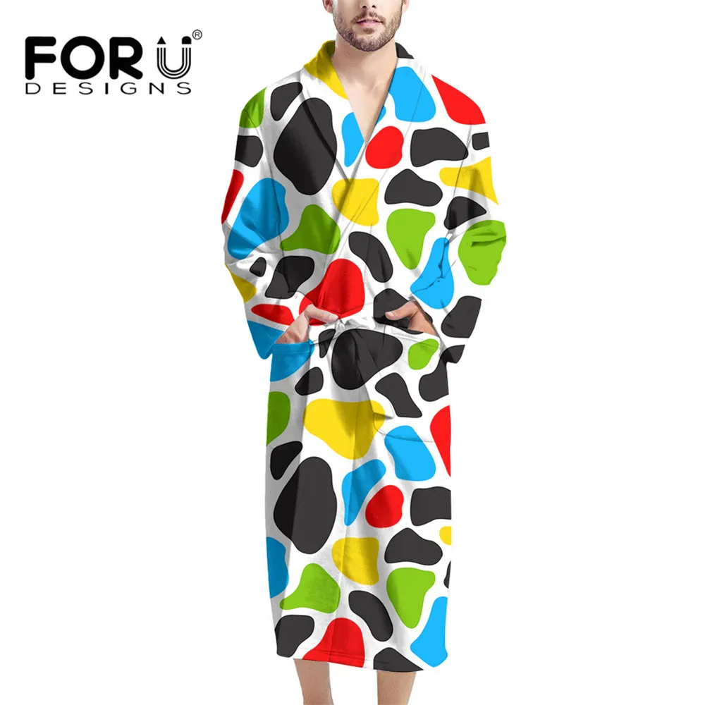 

FORUDESIGNS Bathrobe Terry Male Muti-color Cow Pattern Nightgown Towel Soft Gown Lightweight Robes For Men With Long Sleeves