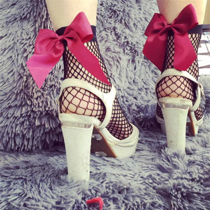 

Fashion Women Ruffle Large Fishnet Ankle High Socks Bow Tie Mesh Lace Fish Net Short Socks