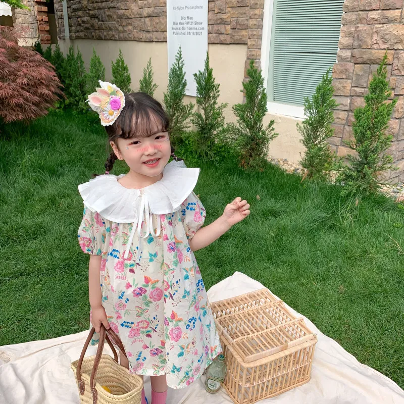 

Summer New Arrival korean style girl's dress cute with baby double lapel floral princess dress for cute sweet baby girls