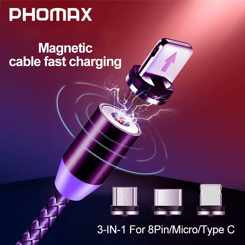 Магнитный USB 3 в 1 кабель PHOMAX для iPhone Xs 8 Type C и Micro нейлоновой оплетке Samsung Xiaomi Huawei