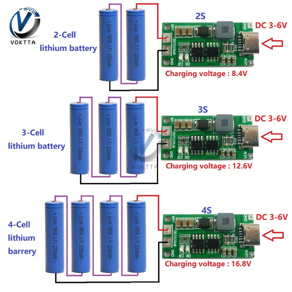 

Multi-Cell 2S 3S 4S Type-C To 8.4V 12.6V 16.8V Step-Up Boost LiPo Polymer Li-Ion Charger 7.4V 11.1V 14.8V 18650 Lithium Battery