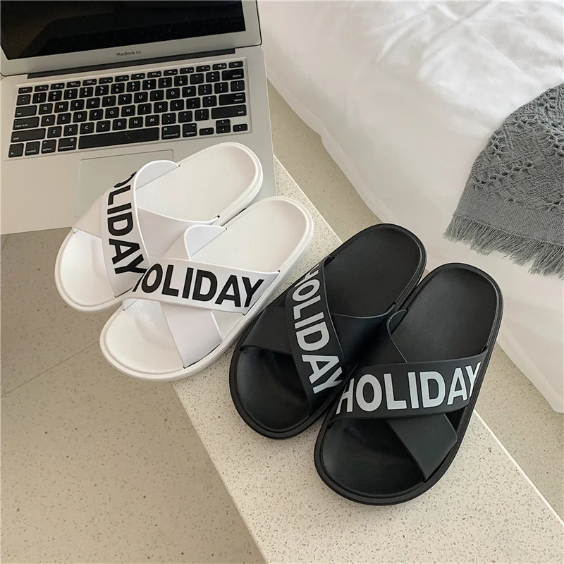

Summer Women INS Outdoor Alphabet Slippers Harajuku Cross Tape Flat Female Sandals Black White Soft Anti-slip Bottom Girl Slides