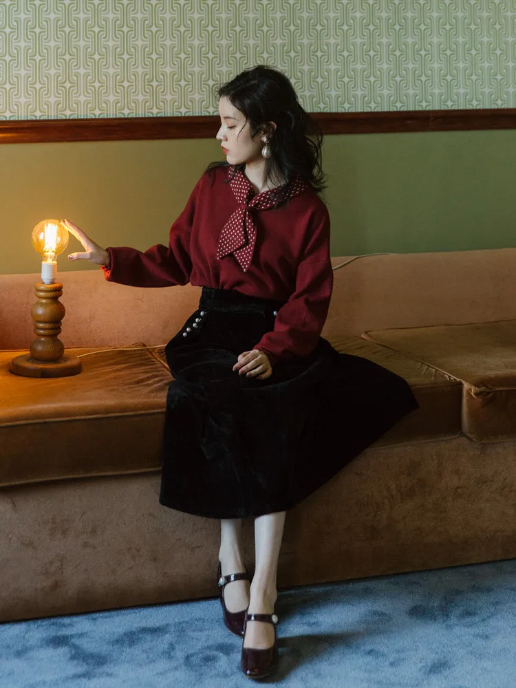 

Женский комплект из 2 предметов, зимний винтажный свитер с бархатной юбкой, 2019