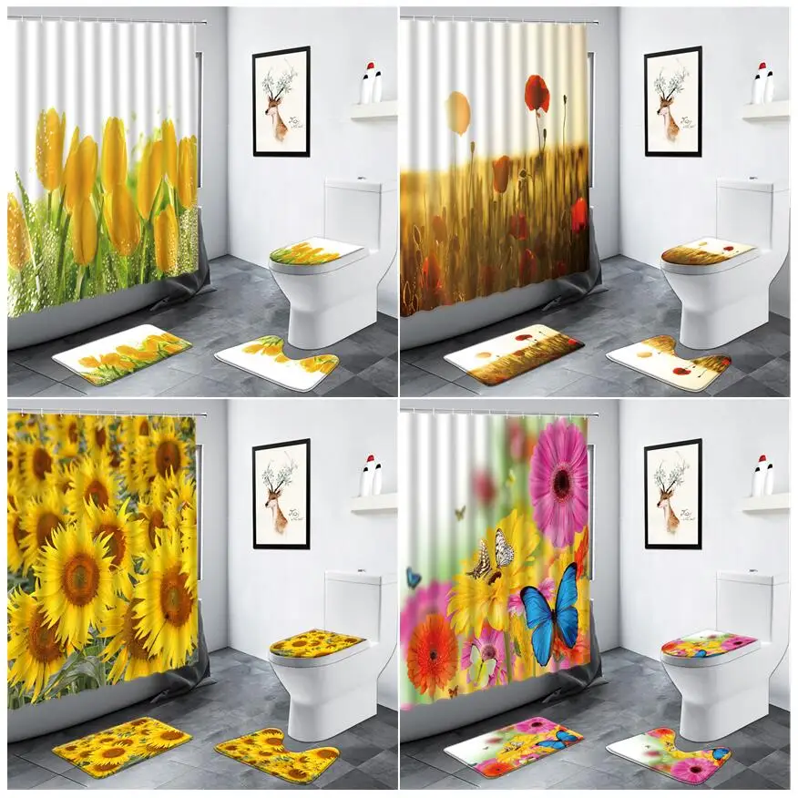 

Rural Scenery Yellow Flowers Shower Curtain Tulip Sunflower Butterfly Floral Plant Bathroom Decor Non-slip Carpet Bath Mats Set